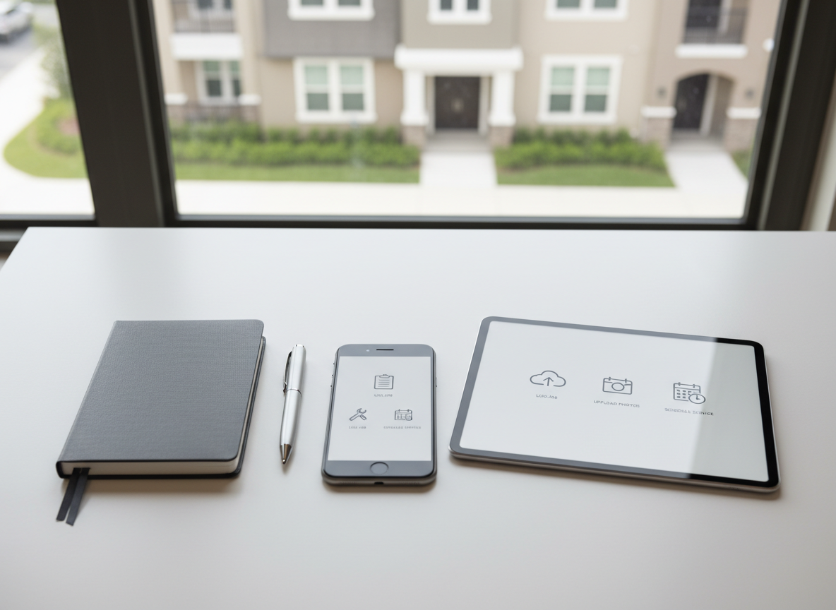 A modern smartphone and tablet resting on a smooth, matte white desk surface, both screens displaying a sleek property maintenance app interface with icons for logging jobs, uploading photos, and scheduling service. Next to the devices lies a closed, graphite-gray notebook and a neatly aligned pen, reinforcing organization. In the background, slightly out of focus, a large window reveals a well-maintained residential building facade. Soft, natural daylight from the window creates subtle reflections on the screens and gentle shadows along the devices’ edges. Captured from a top-down, slightly angled perspective, the composition is minimalist yet corporate, with clean lines, balanced spacing, and photographic realism. The atmosphere feels efficient, hassle-free, and tech-forward, highlighting the simplicity of managing property care through the app.