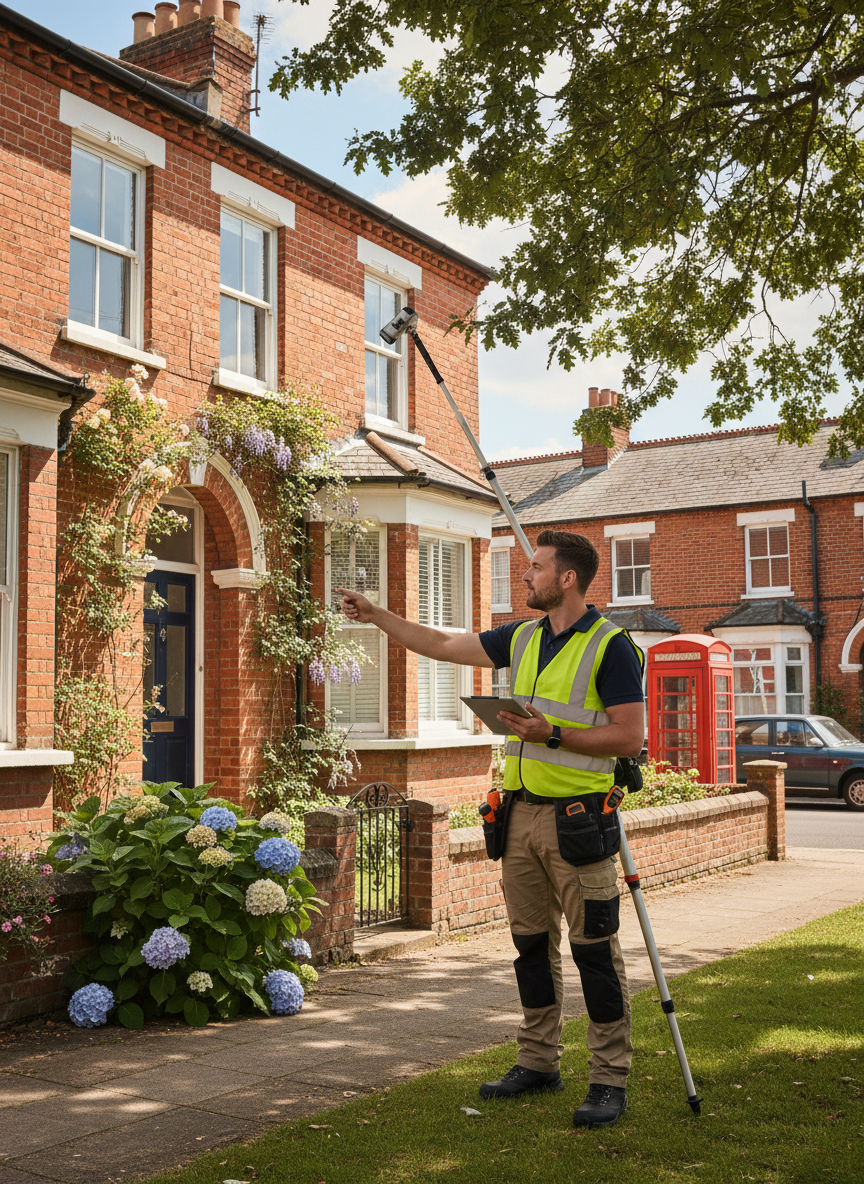 a professional tradesman doing a detailed report of a house exterior, realistic style, good lighting, visually appealing, UK setting