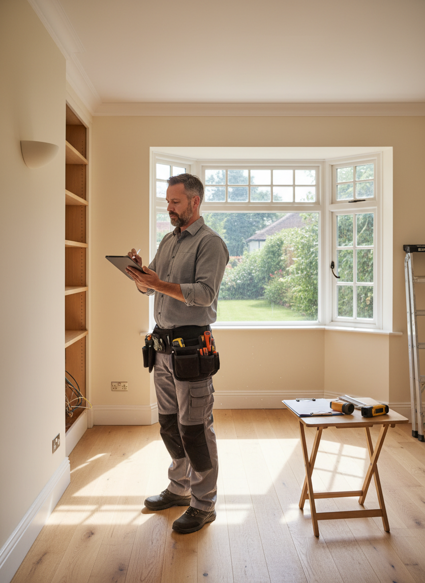 A professional tradesperson making a detailed report of the inside of a house, capturing notes on a clipboard or digital device, with a clear view of a home's interior features like walls, floors, and windows. Bright, realistic, professional style.