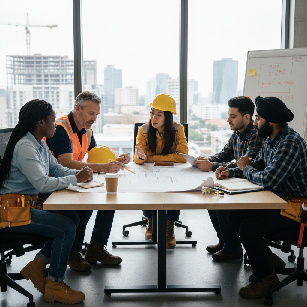 tradesmen of varying backgrounds sitting around a table in an office, looking at plans, with diverse people represented (different ages, genders, and ethnicities)