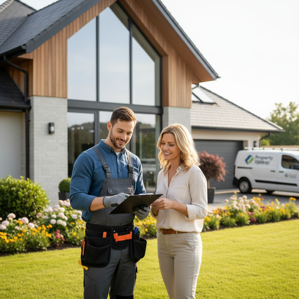 A professional tradesperson in a branded Property Upkeep uniform talking with a homeowner client, reviewing a clipboard together in front of a well-maintained home exterior, natural daylight, warm and friendly atmosphere, realistic photography style